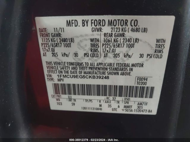 Photo 8 VIN: 1FMCU9EG5CKB39248 - FORD ESCAPE 