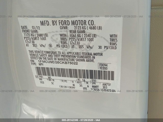 Photo 8 VIN: 1FMCU9EG5CKB75022 - FORD ESCAPE 