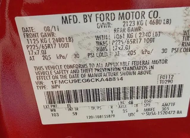 Photo 8 VIN: 1FMCU9EG6CKA48814 - FORD ESCAPE 