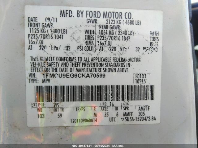 Photo 8 VIN: 1FMCU9EG6CKA70599 - FORD ESCAPE 