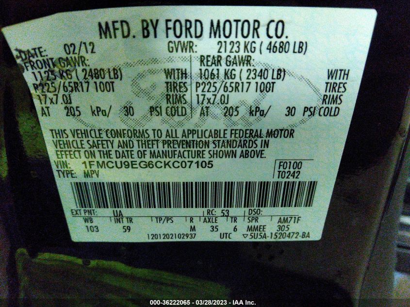 Photo 8 VIN: 1FMCU9EG6CKC07105 - FORD ESCAPE 