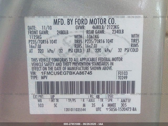 Photo 8 VIN: 1FMCU9EG7BKA86745 - FORD ESCAPE 