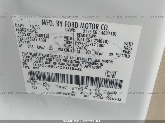 Photo 8 VIN: 1FMCU9EG7CKB16442 - FORD ESCAPE 