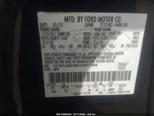 Photo 8 VIN: 1FMCU9EG8CKB77394 - FORD ESCAPE 