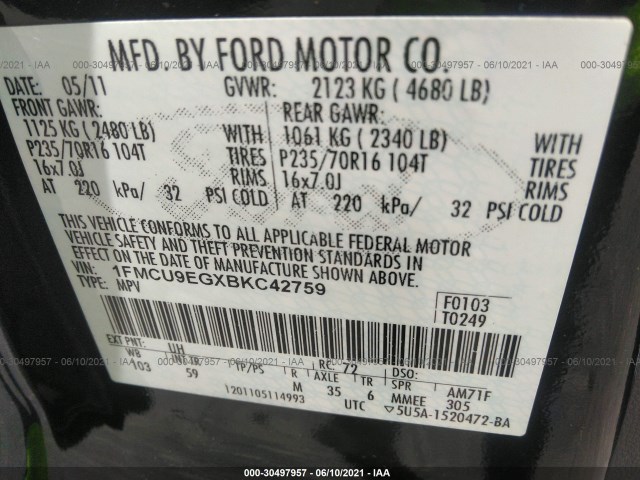 Photo 8 VIN: 1FMCU9EGXBKC42759 - FORD ESCAPE 