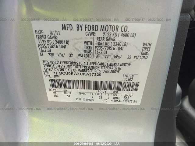 Photo 8 VIN: 1FMCU9EGXCKA37329 - FORD ESCAPE 