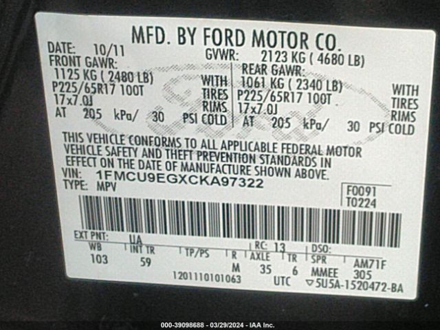 Photo 8 VIN: 1FMCU9EGXCKA97322 - FORD ESCAPE 