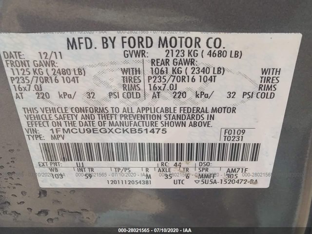 Photo 8 VIN: 1FMCU9EGXCKB51475 - FORD ESCAPE 