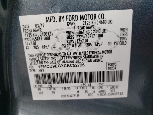 Photo 9 VIN: 1FMCU9EGXCKC52726 - FORD ESCAPE LIM 