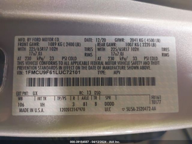 Photo 8 VIN: 1FMCU9F61LUC72101 - FORD ESCAPE S 