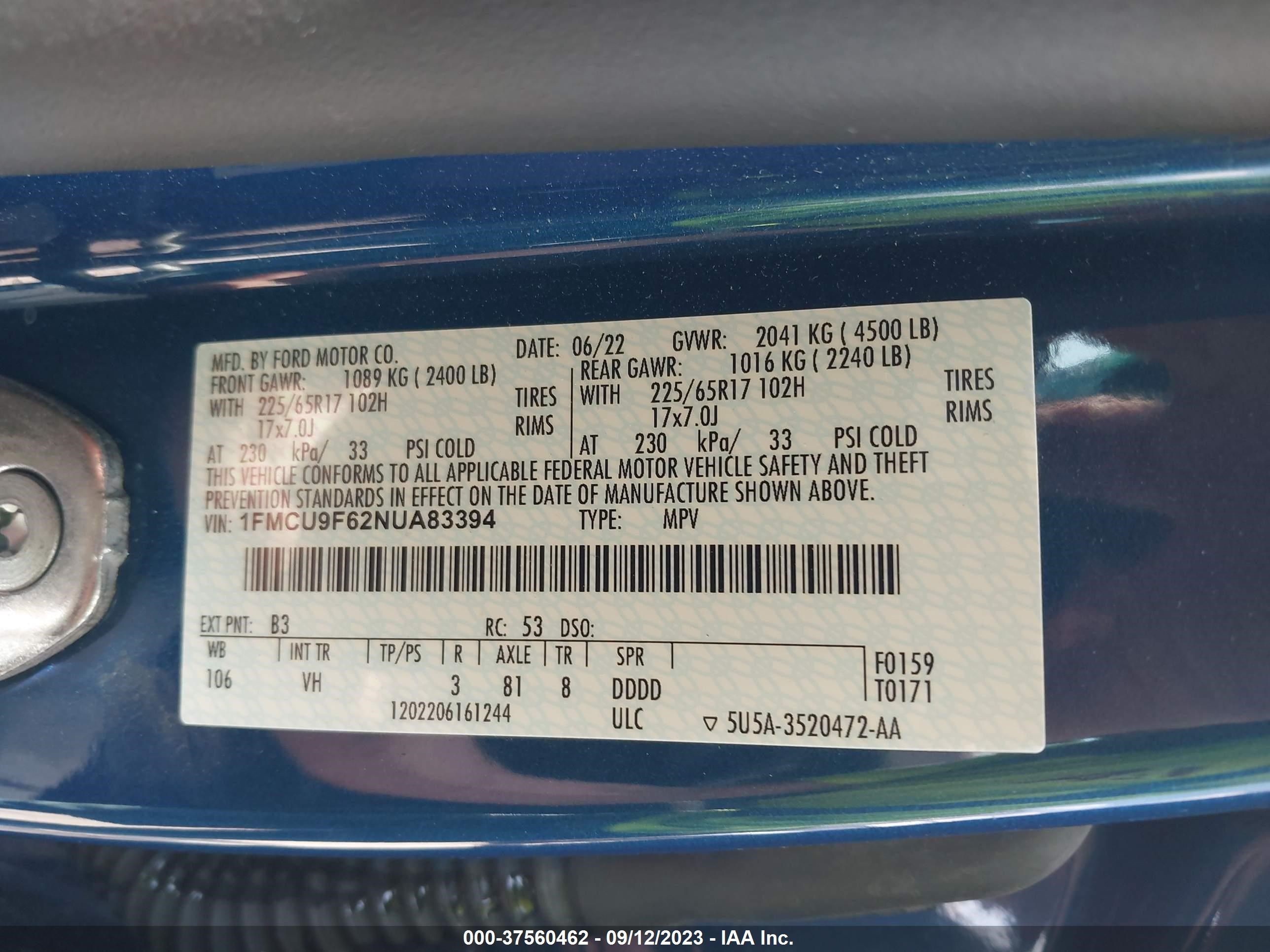 Photo 8 VIN: 1FMCU9F62NUA83394 - FORD ESCAPE 