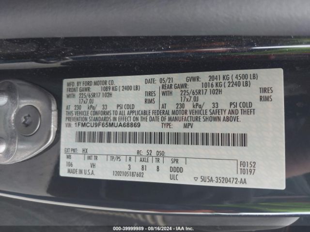 Photo 8 VIN: 1FMCU9F65MUA68869 - FORD ESCAPE 