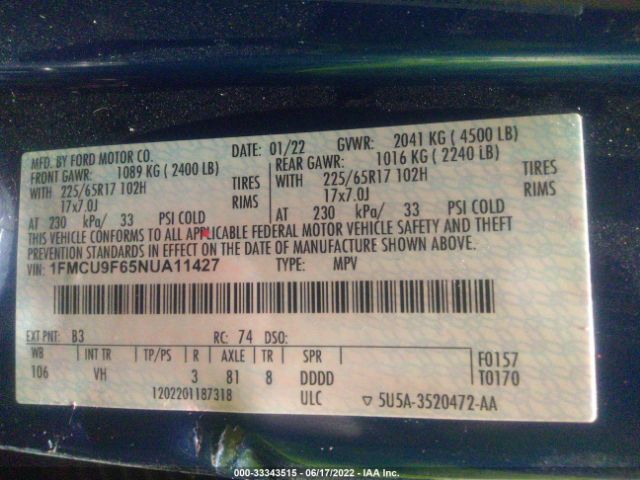 Photo 8 VIN: 1FMCU9F65NUA11427 - FORD ESCAPE 