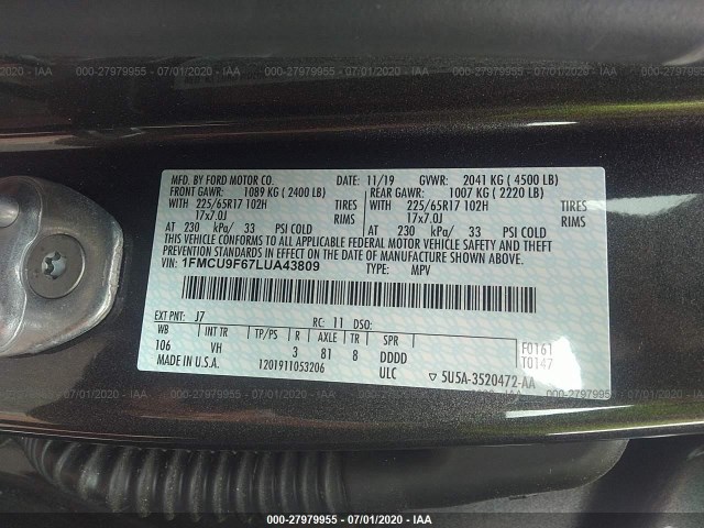 Photo 8 VIN: 1FMCU9F67LUA43809 - FORD ESCAPE 