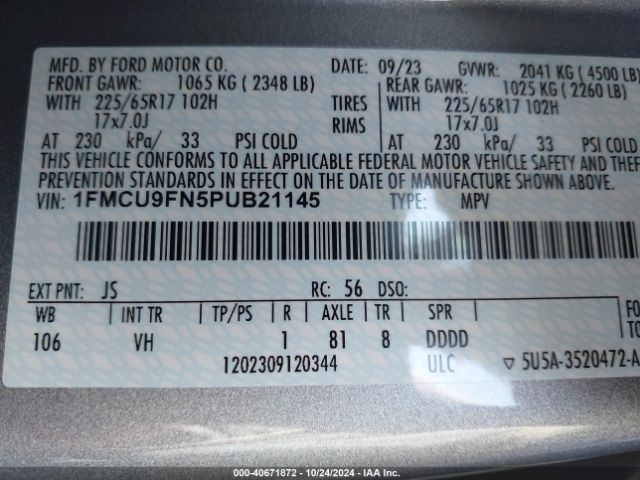 Photo 8 VIN: 1FMCU9FN5PUB21145 - FORD ESCAPE 