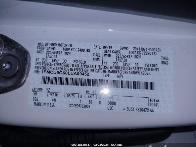 Photo 8 VIN: 1FMCU9G60LUA09452 - FORD ESCAPE 