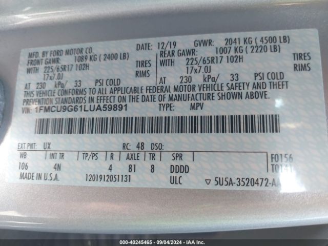 Photo 8 VIN: 1FMCU9G61LUA59891 - FORD ESCAPE 