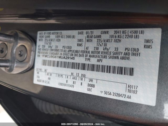 Photo 8 VIN: 1FMCU9G61MUA29145 - FORD ESCAPE 