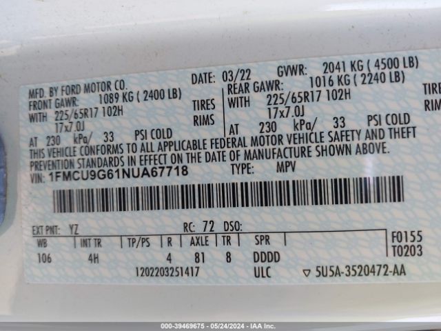 Photo 8 VIN: 1FMCU9G61NUA67718 - FORD ESCAPE 