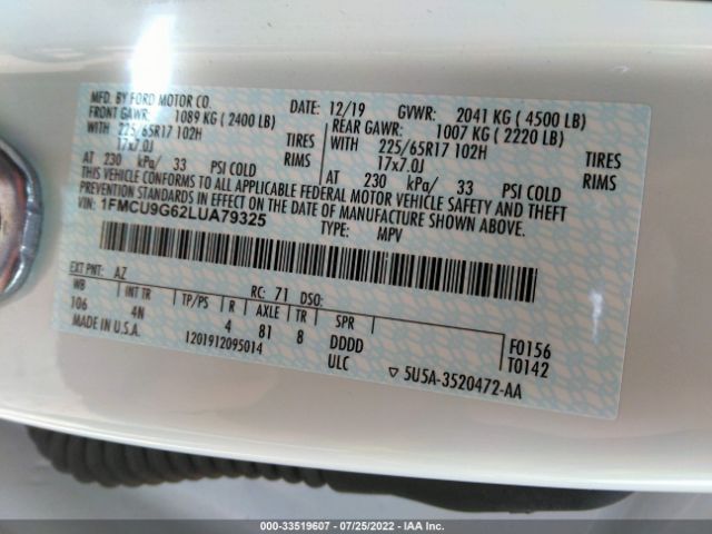 Photo 8 VIN: 1FMCU9G62LUA79325 - FORD ESCAPE 