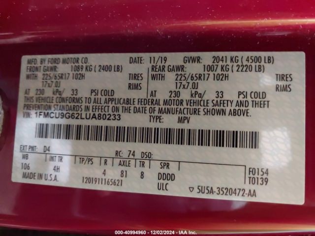 Photo 8 VIN: 1FMCU9G62LUA80233 - FORD ESCAPE 