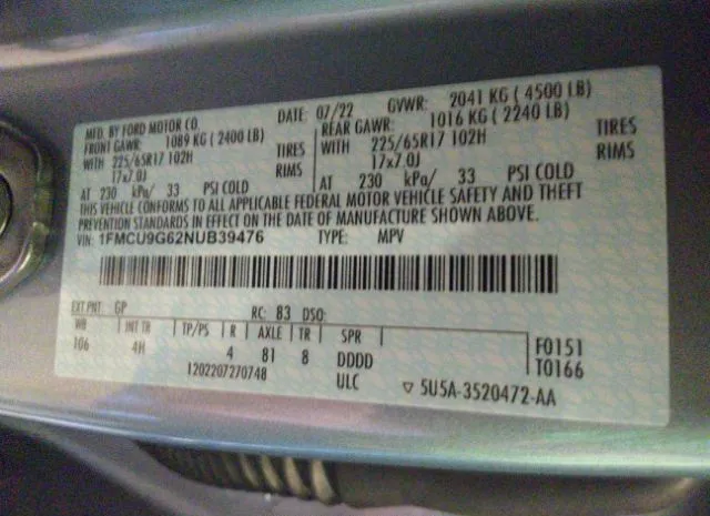 Photo 8 VIN: 1FMCU9G62NUB39476 - FORD ESCAPE 