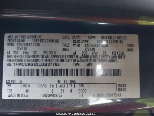 Photo 8 VIN: 1FMCU9G63LUB37765 - FORD ESCAPE 