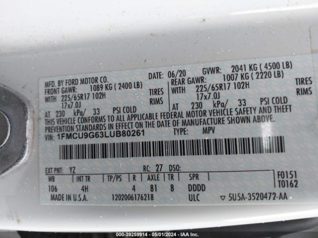 Photo 8 VIN: 1FMCU9G63LUB80261 - FORD ESCAPE 