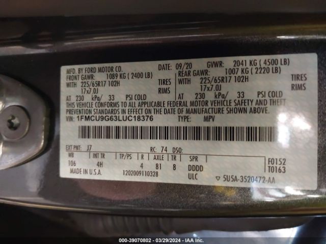 Photo 8 VIN: 1FMCU9G63LUC18376 - FORD ESCAPE 