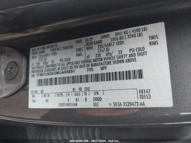 Photo 8 VIN: 1FMCU9G63MUA95891 - FORD ESCAPE 