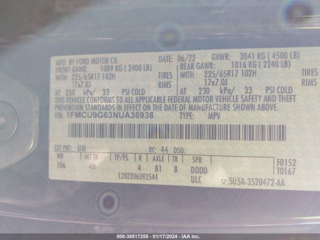 Photo 8 VIN: 1FMCU9G63NUA36938 - FORD ESCAPE 