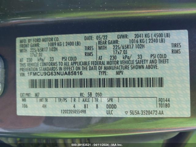 Photo 8 VIN: 1FMCU9G63NUA85816 - FORD ESCAPE 