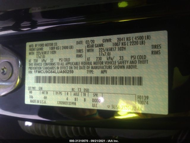 Photo 8 VIN: 1FMCU9G64LUA90259 - FORD ESCAPE 