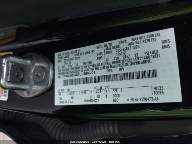 Photo 8 VIN: 1FMCU9G64LUB96291 - FORD ESCAPE 