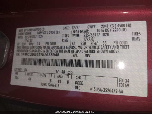 Photo 8 VIN: 1FMCU9G65NUA38948 - FORD ESCAPE 