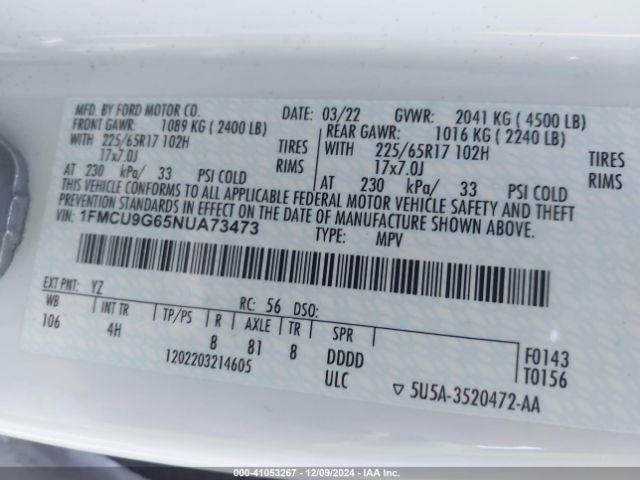 Photo 8 VIN: 1FMCU9G65NUA73473 - FORD ESCAPE 