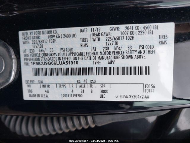 Photo 8 VIN: 1FMCU9G66LUA51916 - FORD ESCAPE 