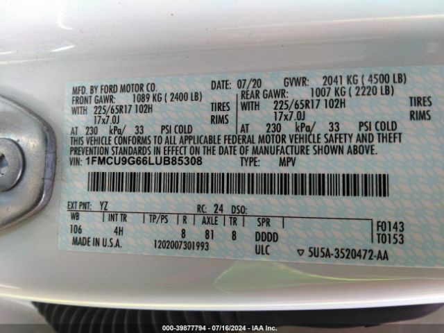 Photo 8 VIN: 1FMCU9G66LUB85308 - FORD ESCAPE 