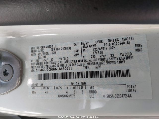 Photo 8 VIN: 1FMCU9G66NUA60683 - FORD ESCAPE 