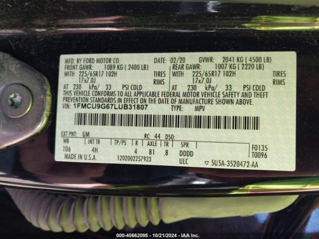 Photo 8 VIN: 1FMCU9G67LUB31807 - FORD ESCAPE 