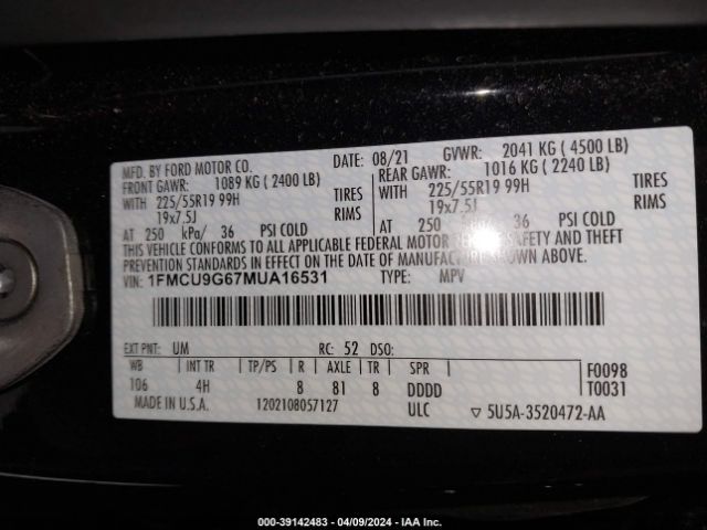 Photo 8 VIN: 1FMCU9G67MUA16531 - FORD ESCAPE 