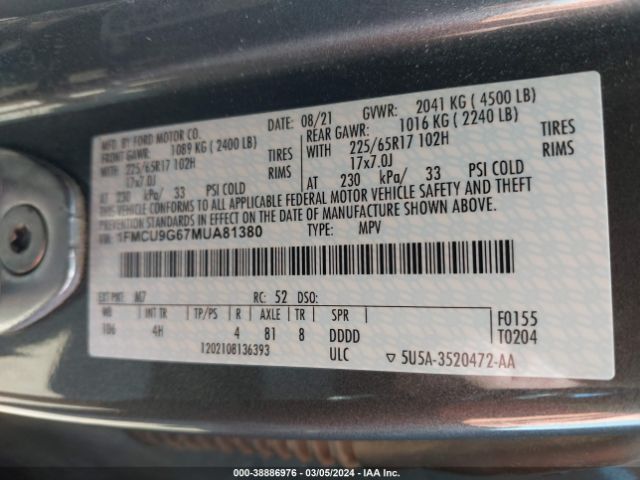 Photo 8 VIN: 1FMCU9G67MUA81380 - FORD ESCAPE 