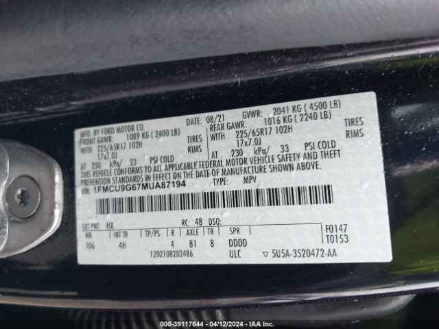 Photo 8 VIN: 1FMCU9G67MUA87194 - FORD ESCAPE 