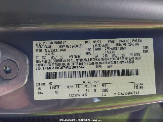 Photo 8 VIN: 1FMCU9G67MUB01742 - FORD ESCAPE 