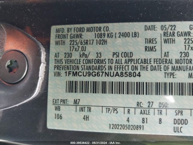 Photo 8 VIN: 1FMCU9G67NUA85804 - FORD ESCAPE 