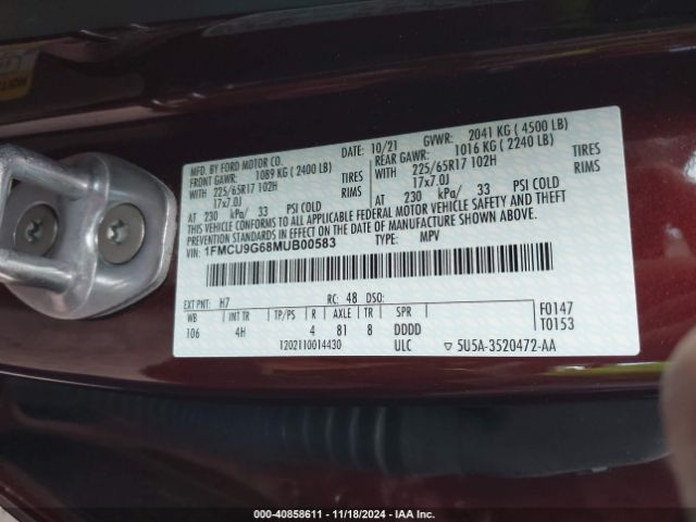 Photo 8 VIN: 1FMCU9G68MUB00583 - FORD ESCAPE 