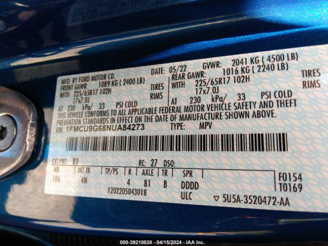 Photo 8 VIN: 1FMCU9G68NUA84273 - FORD ESCAPE 