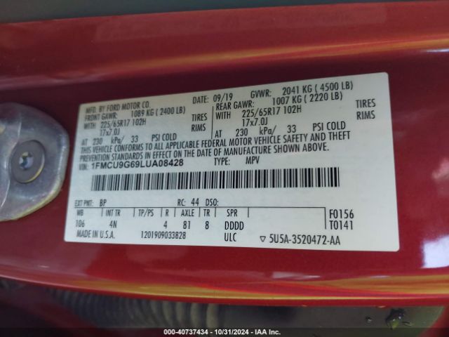 Photo 8 VIN: 1FMCU9G69LUA08428 - FORD ESCAPE 