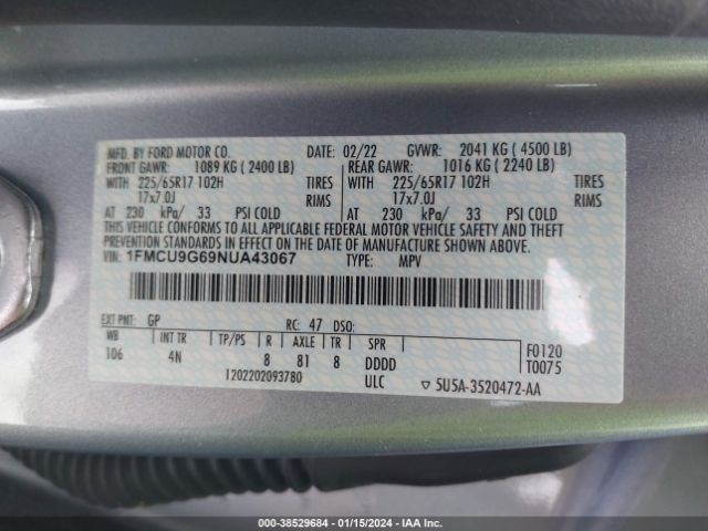 Photo 8 VIN: 1FMCU9G69NUA43067 - HYUNDAI SANTA FE 