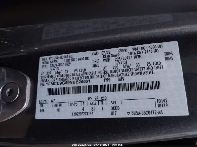 Photo 8 VIN: 1FMCU9G69NUB26661 - FORD ESCAPE 